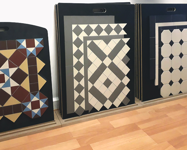 Selection of sample boards showing popular Victorian floor tile designs