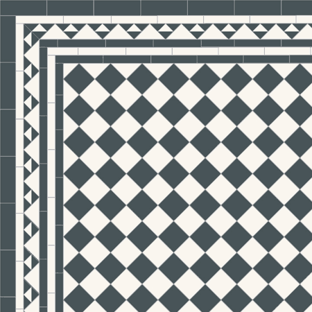 Black and white Victorian tiles - a chequerboard with a decorative 70mm Pyramid border