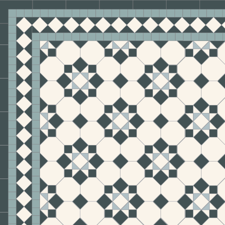 Victorian octagon tiles - Cornwall in black, white and green, a traditional design based around 100mm octagons.
