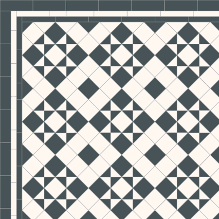 Victorian geometric tiles - traditional black and white, star and box motif design predominantly composed of 70mm squares