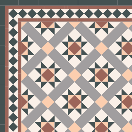 Victorian Tiles - Stevenson 70 in black, white, grey, cognac and red, a classic tile pattern