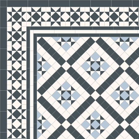 Victorian Ceramic Tiles - Willesden 50 design in black, white and pale blue, a traditional pattern with decorative border.