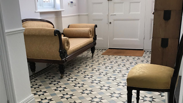 Traditional geometric Victorian tile design in modern neutral colour pallette.
