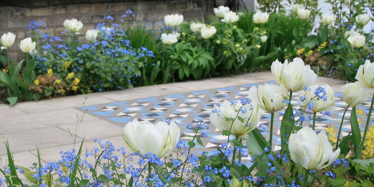 A front garden bordered by lush green foliage, white tulips and small blue forget-me-not flowers. In the centre of the garden patio a modern tile design in black, white, grey and blue tones.