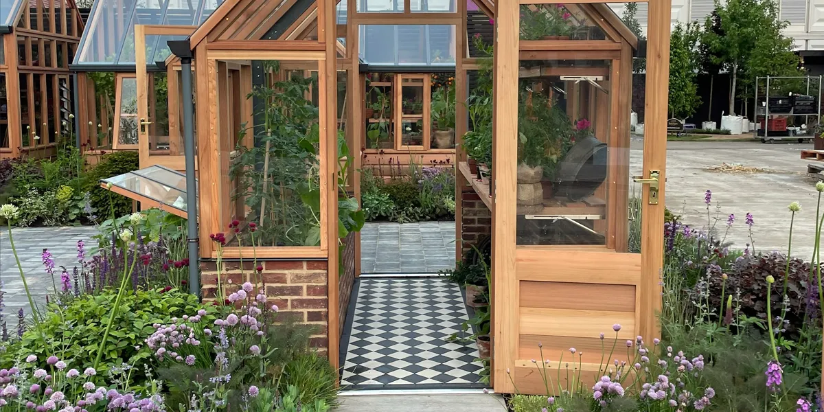 100mm Black and White chequerboard tiles on greenhouse floor at Chelsea Flower Show 2024
