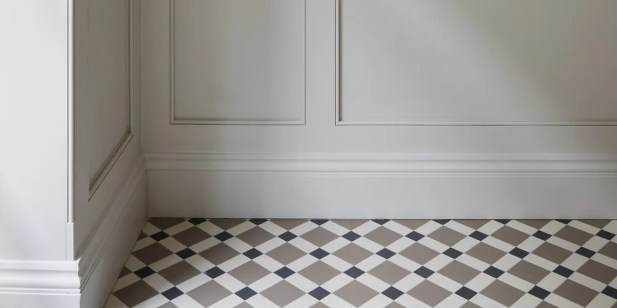 A traditional Edwardian floor tile pattern alongside walls with deep skirting and wooden panelling.