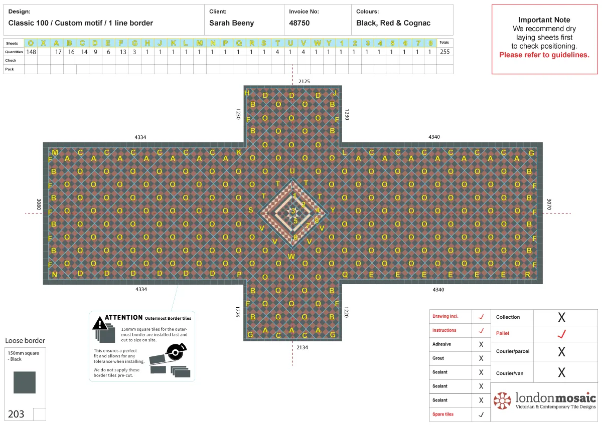 Diagram provided with sheeted tile kit