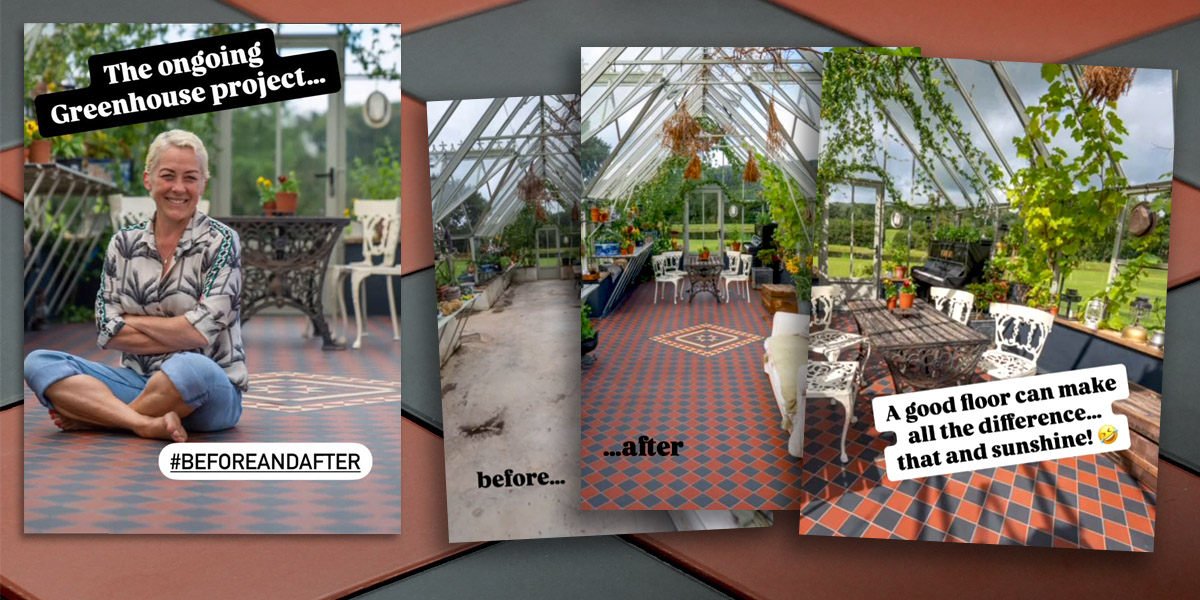A collage made up of four photographs. One with Sarah Beeny sat crossed legged on the finished greenhouse floor. A before photograph showing the grey concrete floor. An after photograph showing the black and red 100mm square chequerboard tiles and the centrepiece motif. Finally a photo of the finished floor and the text 'A good floor can make all the difference'.