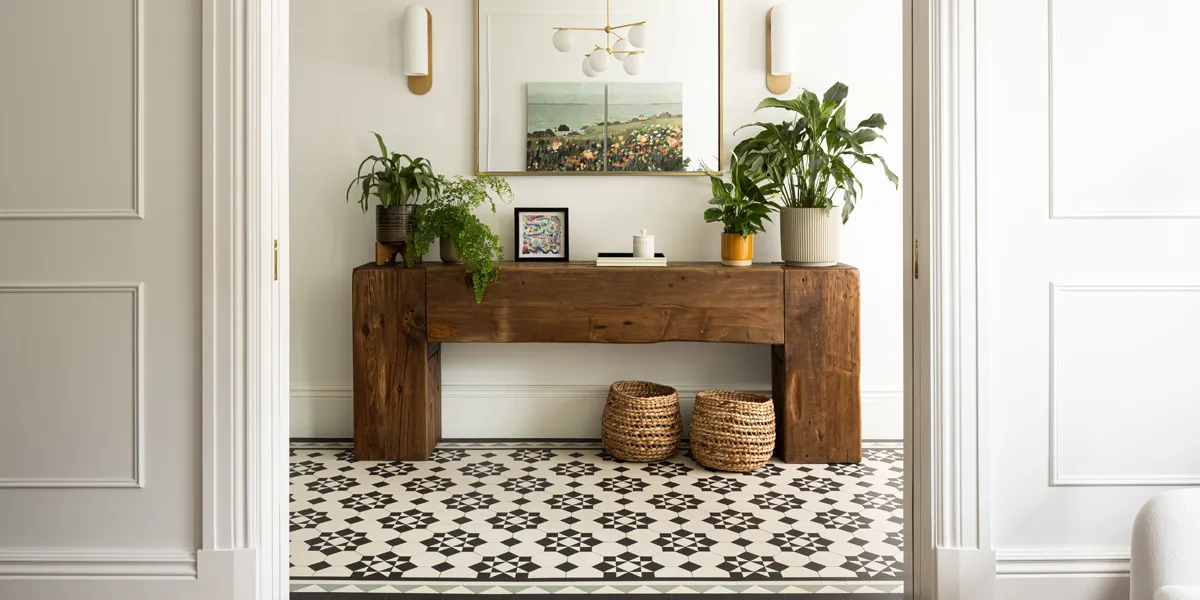 View through a wide threshold with white painted panelling to the sides. The hallway has a Victorian mosaic pattern in black and white, with green triangles for a border pattern. A large thick wooden side table has two wicker baskets underneath. On top of the table there are several house plants in pots, and above a large mirror with two lights to each side.