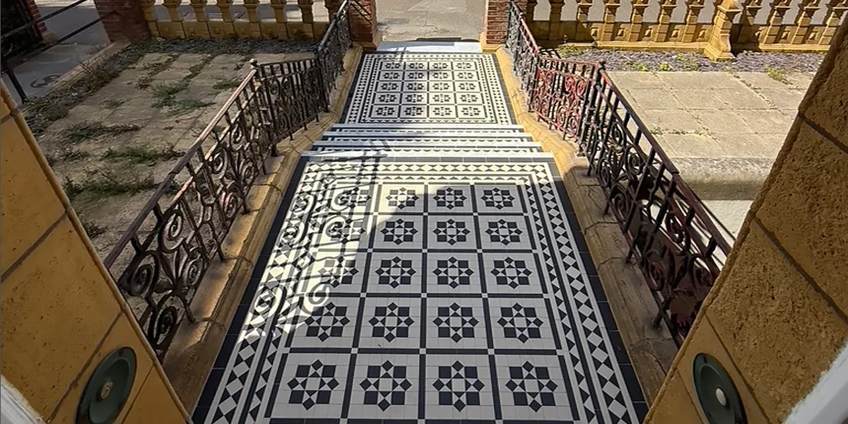 Victorian black and white mosaic entrance steps