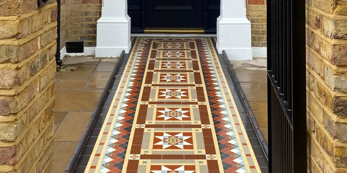 Reproduction multi-colour Victorian pathway featuring 3 different encaustic tiles.