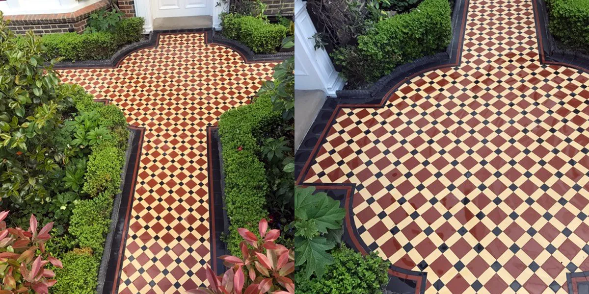 A view of an entry way path tiled with Edwardian-style mosaic in red, yellow and black colours. The path area infront of the house is circular with paths leading to the top and right, and low cut topiary hedges, behind ropetop edging.