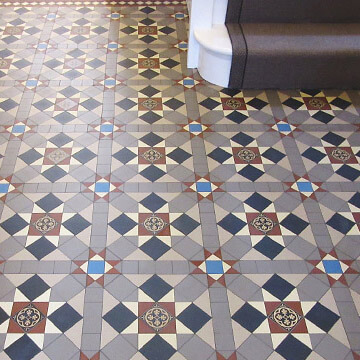 Popular Finsbury pattern featuring 70mm encaustic tile supplied bespoke sheeted for a hall and cloakroom. Gallery 156 - Victorian encaustic tiles