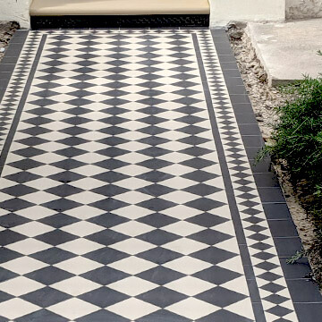 Edwardian black and white front entry path tiles. Gallery 299 - Black and white path tiles with diamond border