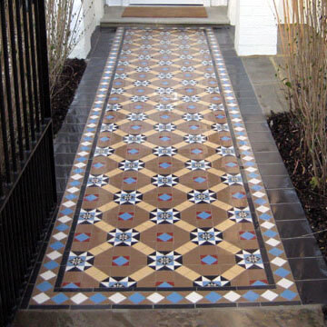 Encaustic Victorian path tiles - Supplied bespoke sheeted to fit the dimensions supplied by landscape gardening company. Gallery 38 - Decorative Victorian path with encaustic tiles