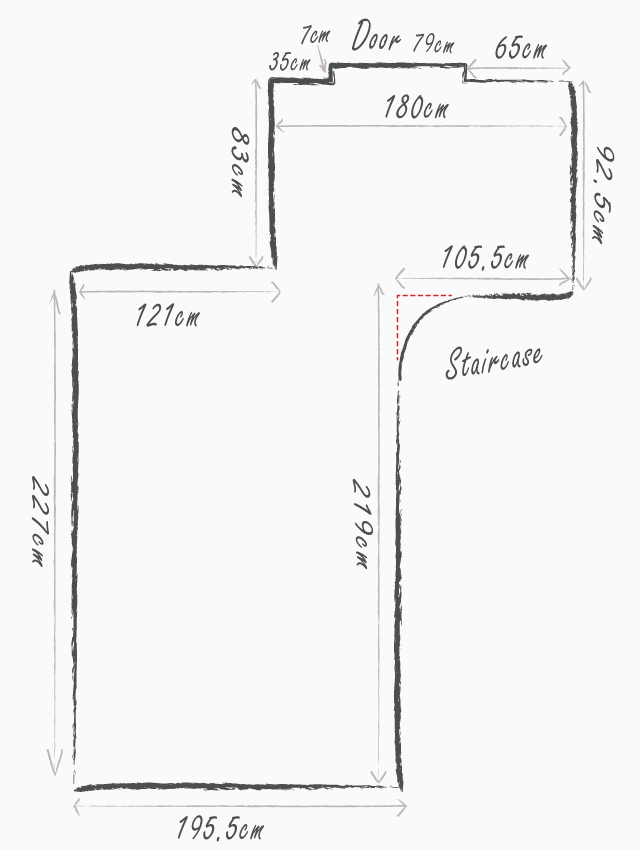 Sketch of hallway floor with dimensions marked