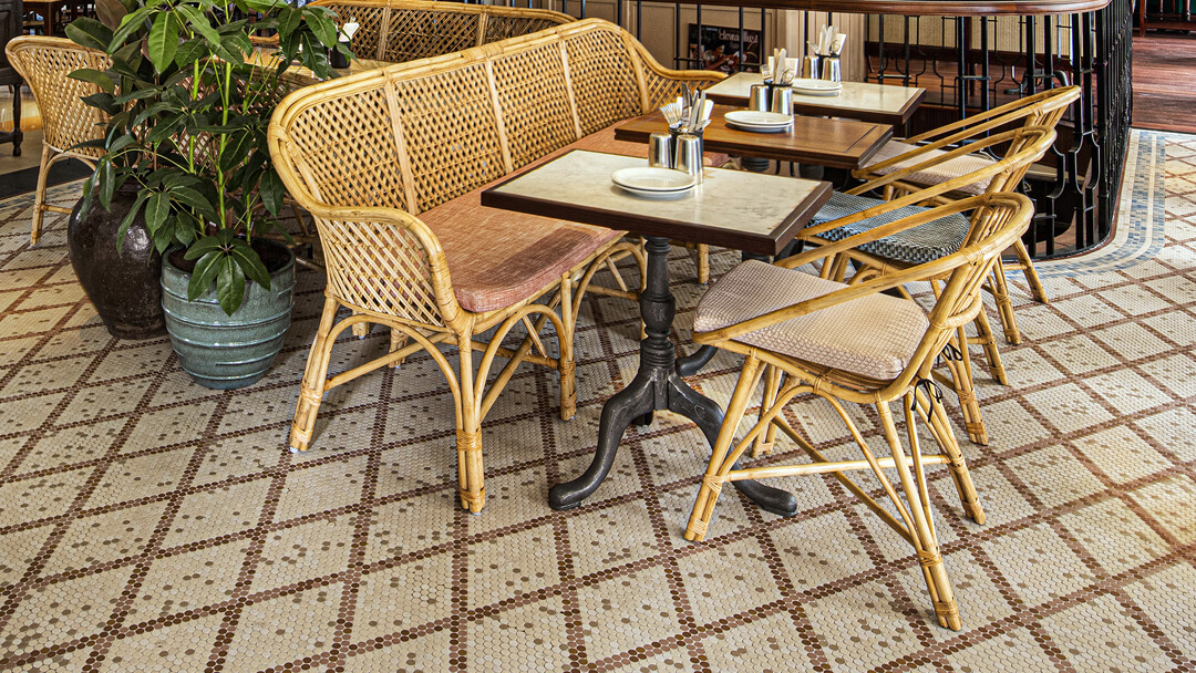18mm round melange design for the floor of Dishoom restaurant, Covent Garden.