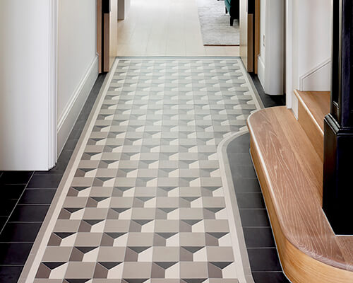 Modern ceramic tile design featuring specially cut right-angled trapezium shape.